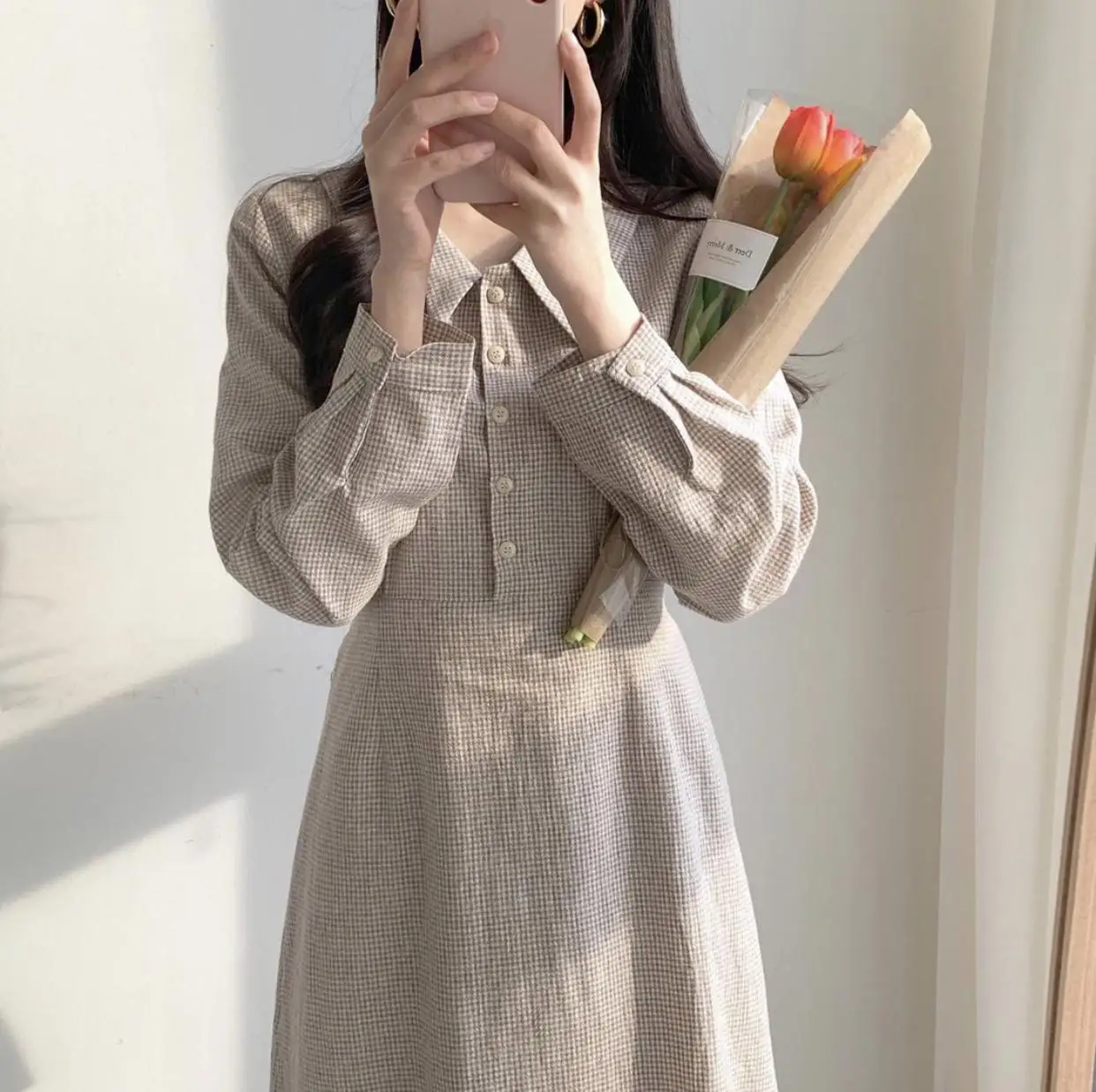 Осенне-зимние Базовые платья, длинные женские платья с бантом и лентой, милые платья в Корейском стиле, клетчатое платье-рубашка в Корейском стиле, винтажное Хлопковое платье 8520