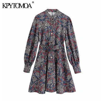 

KPYTOMOA Women 2020 Chic Fashion Floral Print With Belt Mini Dress Vintage High Neck Long Sleeve Buttons Female Dresses Vestidos