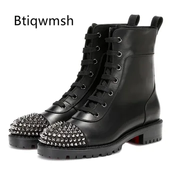 

2019 Real Leather Ankle Boots Women Round Toe Rivet Lace Up Square Heel Boots Ladies Fashion Short Boots