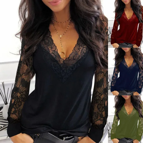 Women's T Shirts Fall 2021 New Lace Splicing V-neck Perspective Long Sleeve T-shirt | Женская одежда