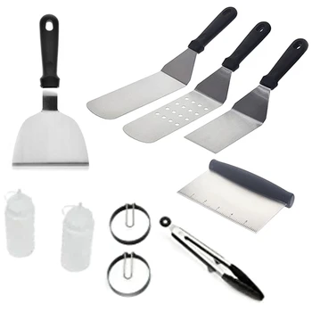 

Stainless Steel Griddle Accessories Cooking Kit - Grill Spatula Tongs Egg Ring Scraper Carrying - Camping