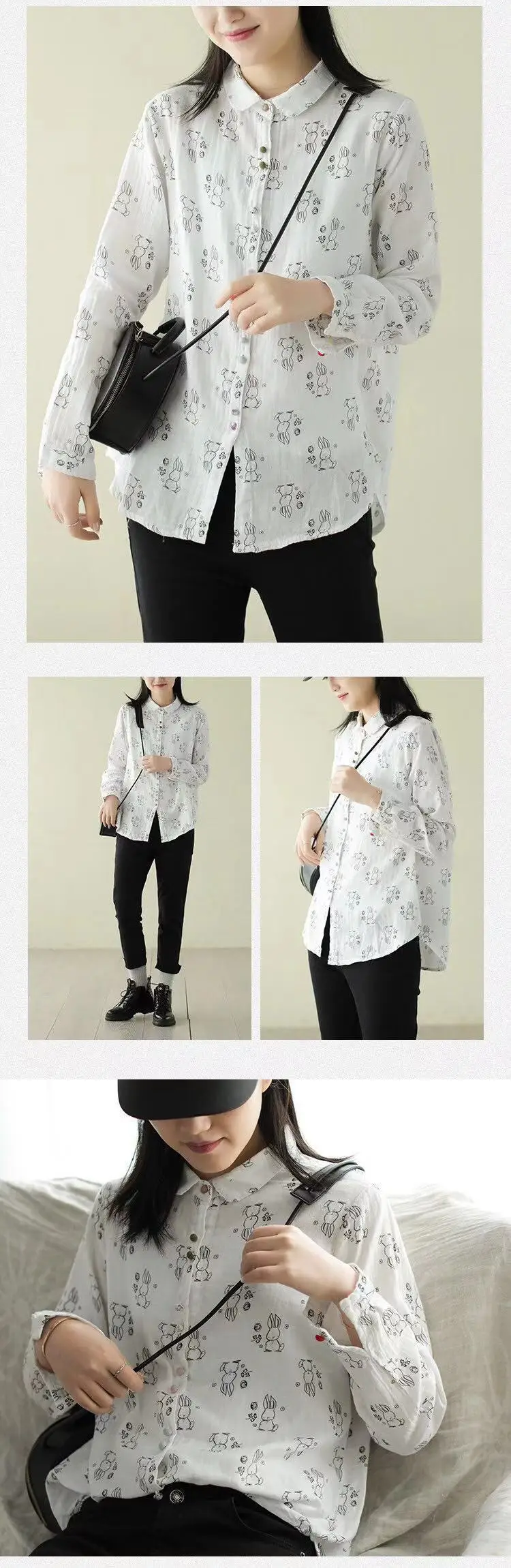 Double-layer cotton retro printed shirt female spring new white shirt loose literary long-sleeved shirt 3215