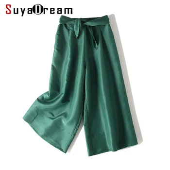 

Women Wide Leg Pants 50%Real Silk 50%Cotton Calf-Length Pants 2020 New Solid Green Office Lady Spring trousers
