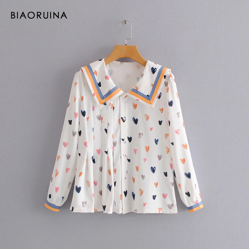 

BIAORUINA Women's Chiffon Heart Printing Casual Shirt Square Collar Female Vintage Single Breasted Blouse Tops Long Sleeve