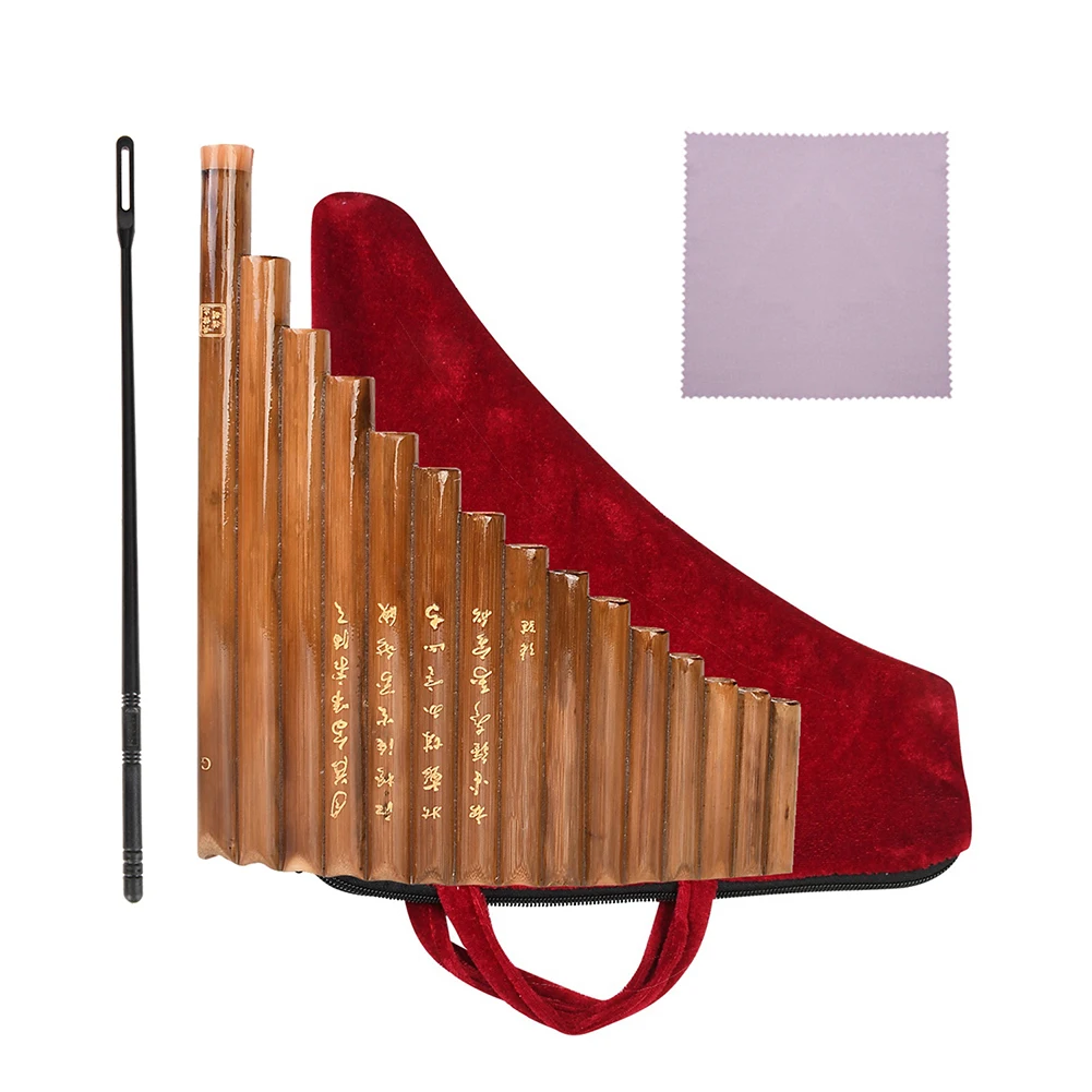 Pan Flute 15 Pipes Natural Bamboo Wind Instrument G Key Panpipe Chinese Traditional Woodwind Instrument with Cleaning Bar Bag