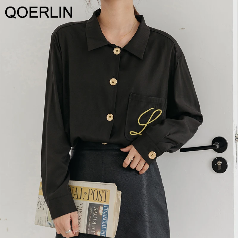 QOERLIN High Quality OL Formal Stylish Embroidered Black Blouse Spring Autumn Retro Temperament Lapel Single-Breasted Top Shirts