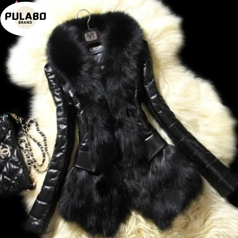 PULABO New 2020 Winter Fur Coat Faux Fox Collar Long Leather Women Large Size | Женская одежда