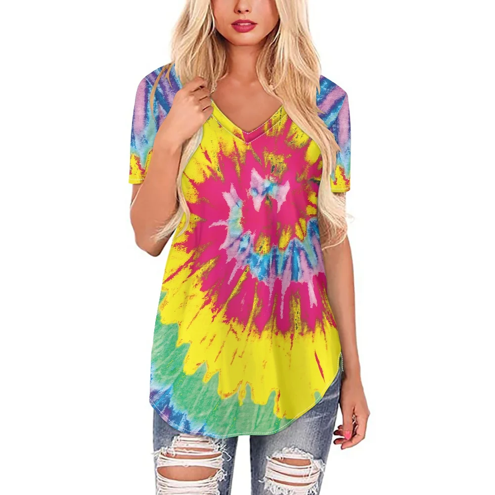 

Hycool Color Tie Dye Print Short Sleeve Top Female Women's Clothing With Free Shipping Mixed Color Shirt For Ladies Girls