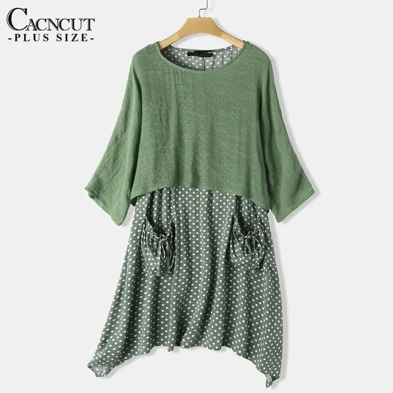M-5XL 2020 Summer Plus size Loose Polka Dot Two-Piece Dress Casual Cotton Linen 4XL Large Size Women Half Sleeve Vestidos | Женская