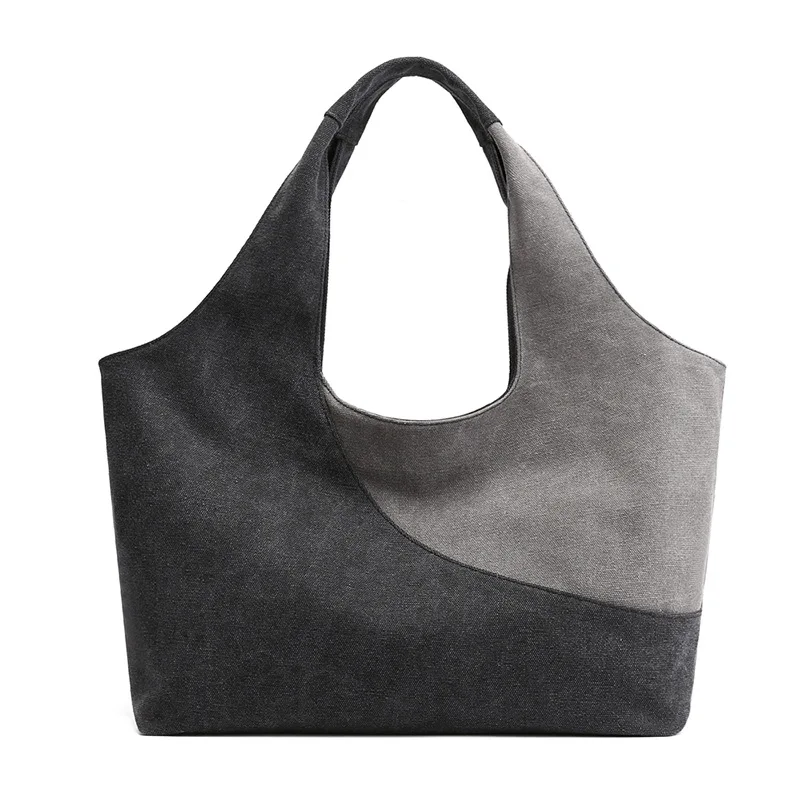 

Ougger Large Shoulder Bag Women Handbags Gray Canvas European and American Style Contrast Bag with Zipper for Afternoon tea