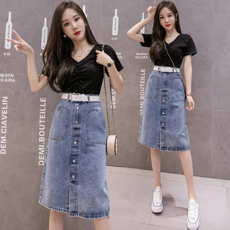 button front denim skirt knee length
