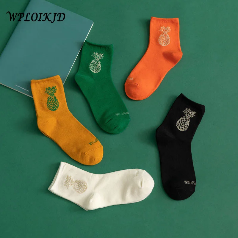 

[WPLOIKJD]College Style Cute Pure Color Pineapple Pattern Women Socks Personality Trend Divertido Creative Calcetines Skarpetki
