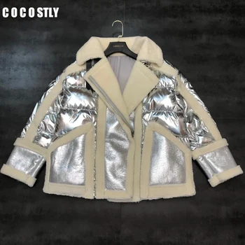 

Winter Coat Women Silver Jacket Lambswool Fur one Down Jackets Fashion Glossy Stand Collar Cotton Coat Women Outerwear Warm