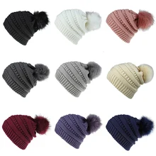 

Women Winter Thicken Warm Knitted Hat New Fashion Faux Fur Pom Pom Warm Ski Cap Solid Color Simplicity Ladies Decorative Hat