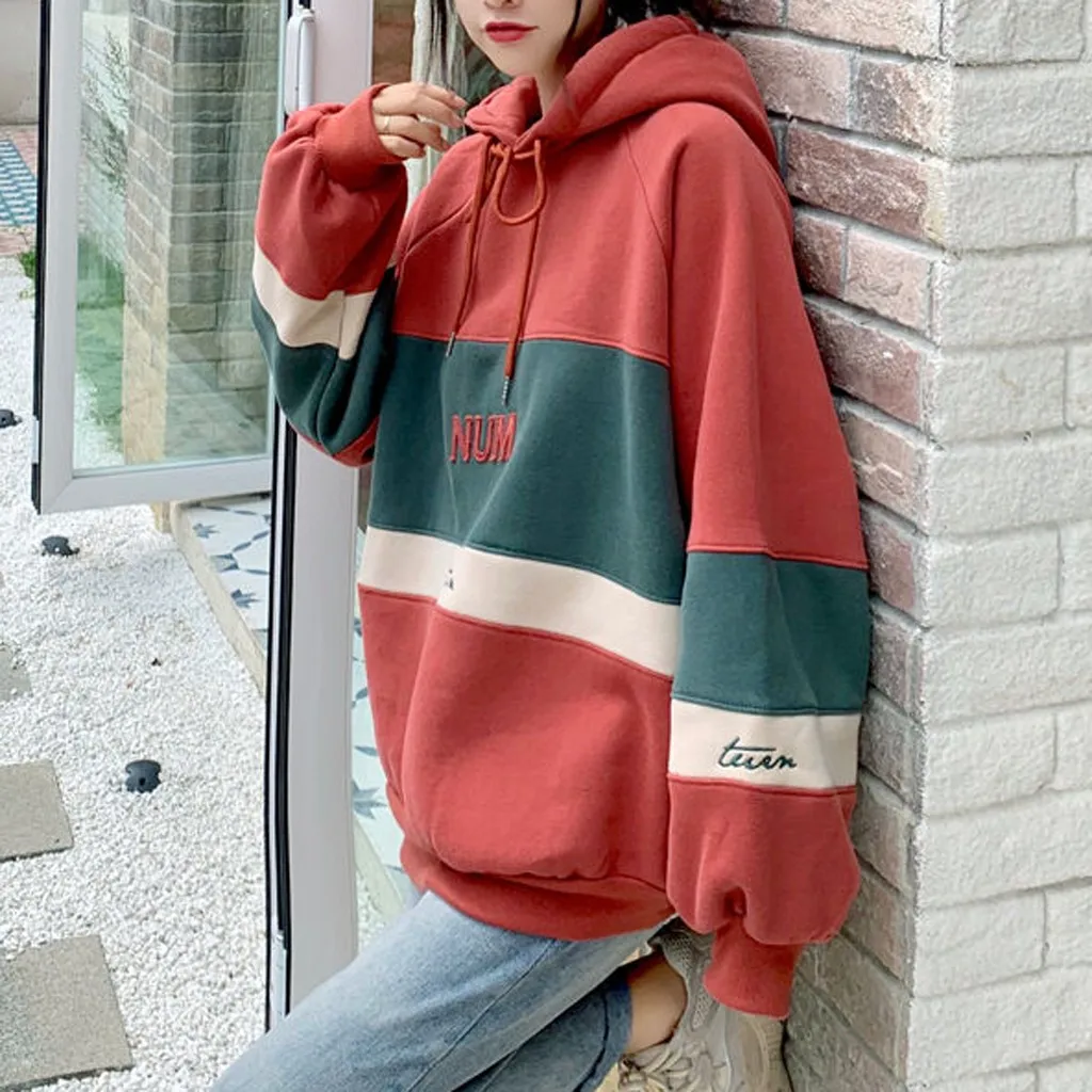 Womail новые корейские толстовки женские зимние буквы Лоскутная Толстовка с капюшоном модный топ Повседневный Свободный пуловер на шнурке