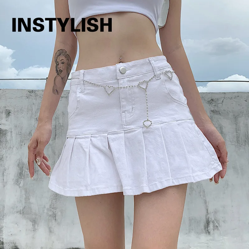 

Instylish High Waist Denim Skirts Women Shorts Summer Koran Harajuku Ruffle Vintage Punk Y2K Solid Pleated Mini Skirt Streetwear