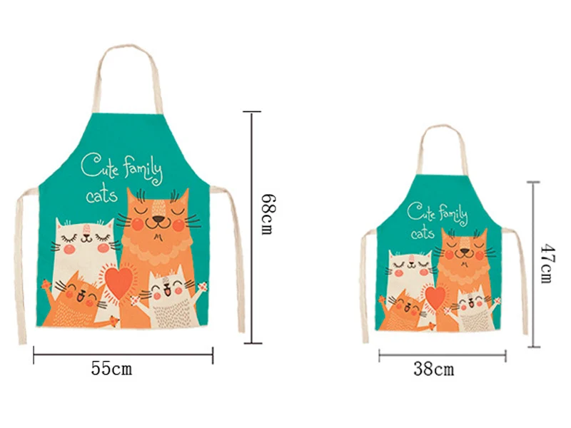 Parent-child Kitchen Apron Cartoon Funny Cat Printed Sleeveless Cotton Linen Aprons for Men Women Childrens Home Cleaning Tools