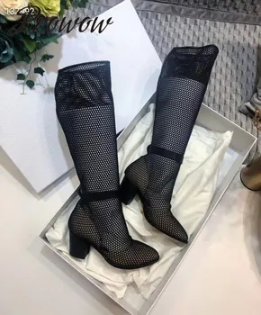 

Prowow New Breathable Mesh Knee HIgh Boots Runway Slip On Thick Heel High Heel Boots Shoes Women