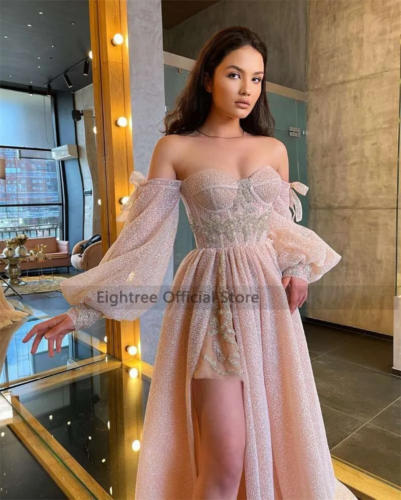 Eightree Pink Wedding Dresses Puff Long Sleeve Bride Dress Split Side A Line Sexy Beach Wedding Gowns Robe de Mariee wedding dresses