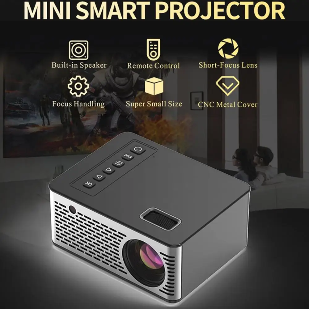  Mini Micro LED Cinema Portable Video HD USB HDMI Projector for Home Theater Short Focus Design T200