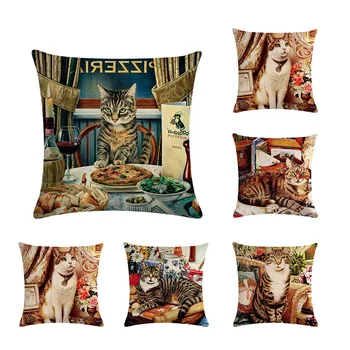 

Single Linen Persian Cat Orange Cat Black Cat Pillow Case45x45cm Cartoon Retro Animal Series Sofa Manor Cushion Cover Decoration