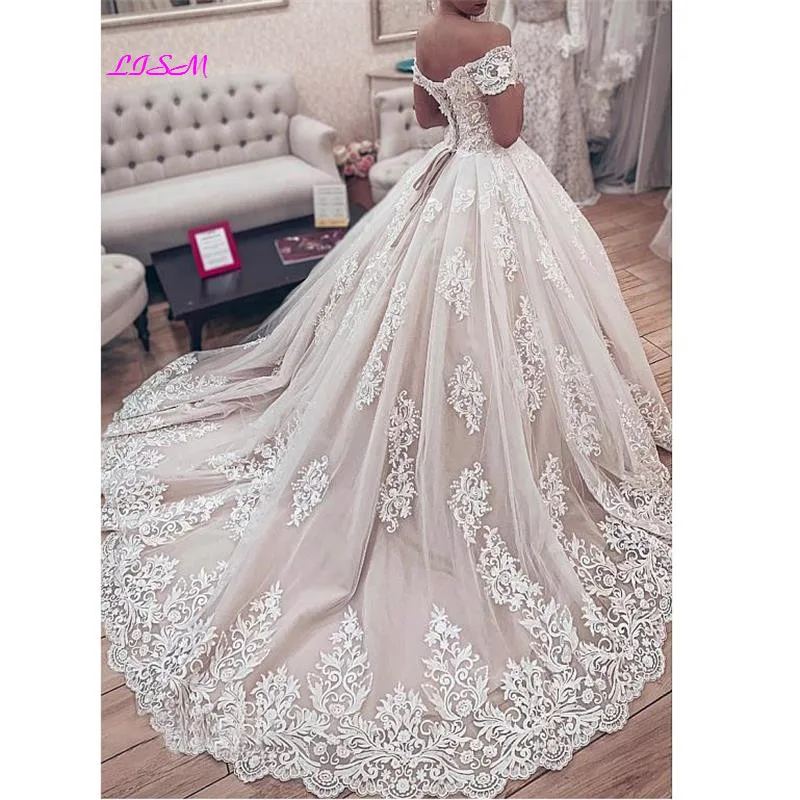 Muslim Lace Ball Gown Wedding Dresses Gorgeous Sweetheart Off the Shoulder Appliques Bridal Dress Long Wedding Party Gowns 2020