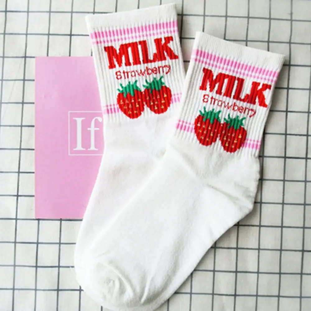 1 пара японских кавайных носков по щиколотку с клубникой, бананом, молоком, коровой милые короткие Носки с рисунком в стиле Лолиты для девочек - Цвет: Белый