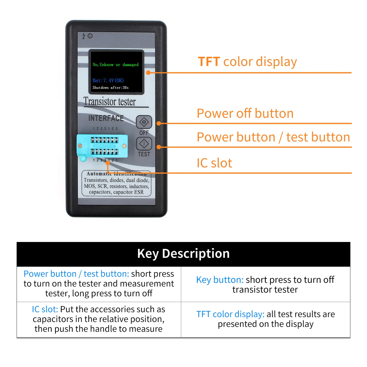 Multi-purpose Transistor Tester 128*160 Diode Thyristor Capacitance Resistor Inductance MOSFET ESR LCR Meter TFT Color Display inside caliper