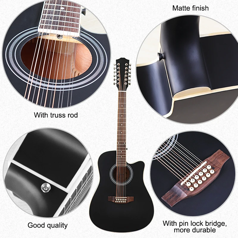 41 Inch 12 String Acoustic Guitar Spruce wood top Full size Design High gloss Finish Blue & Black color Folk Guitar