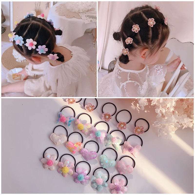 

10 pieces / Set Girls' lovely cartoon flowers butterfly elastic hair hoop head rope ponytail holder children's hair ornament hai