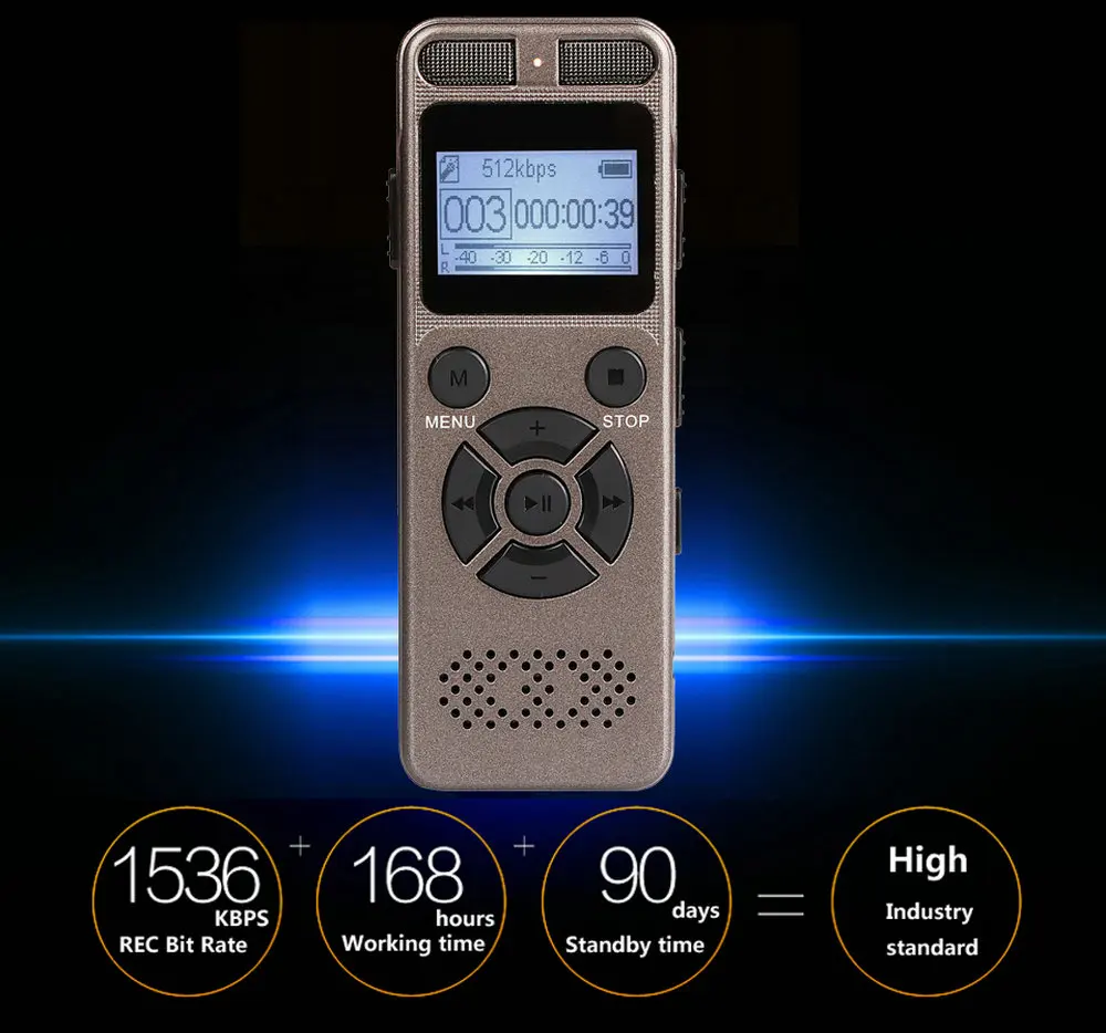 Digital Voice Audio Activated Recorder Dictaphone Registrar MP3 HIFI Stereo 1536KPS WAV Recording Device Gray For Business Gray