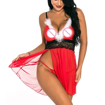 

Lingerie Womens High Split Sexy Christmas Dress Sexy Sleepwear Night Dress Women Sexy Suit Temptation Hairball Underwear A3