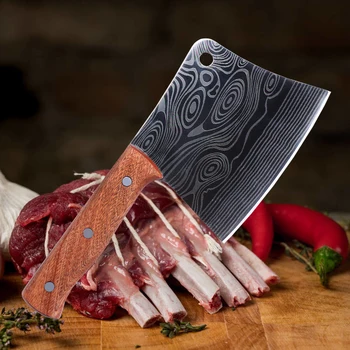 

Stainless Steel Sharp Chopping Bone Knife Butcher Knife Kitchen Knives Cleaver Meat Chopper Knife Damascus Laser Pattern Knife