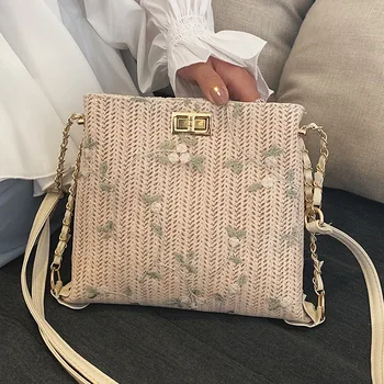 

Straw Straw Bag Female 2019 New Fashion Girl Lace Chain Cross-body Bag Wild Woven Bucket Bag Messenger Bag Sac Main Femme