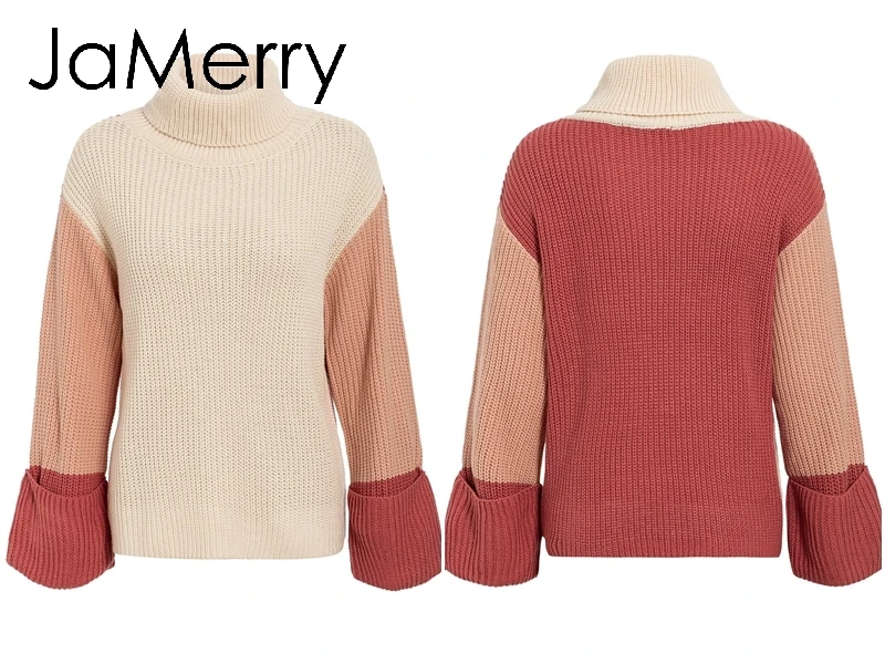 JaMerry винтажные Лоскутные вязаные свитера с высоким воротом Женские повседневные с длинным рукавом корейский пуловер Джемпер женский свитер уличная одежда