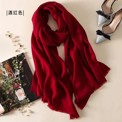 Wine red Женский шарф из шерсти, теплый шерстяной шарф для женщин, женские шали и палантины из пашмины, зимние кашемировые шарфы - Цвет: Wine red