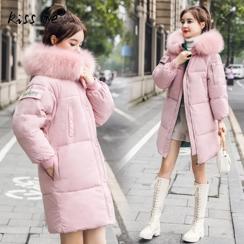 pink Однотонное милое пальто-пуховик для девочек средней длины, повседневный теплый пуховик для женщин, свободное ветрозащитное теплое хлопковое пальто с капюшоном для женщин - Цвет: pink