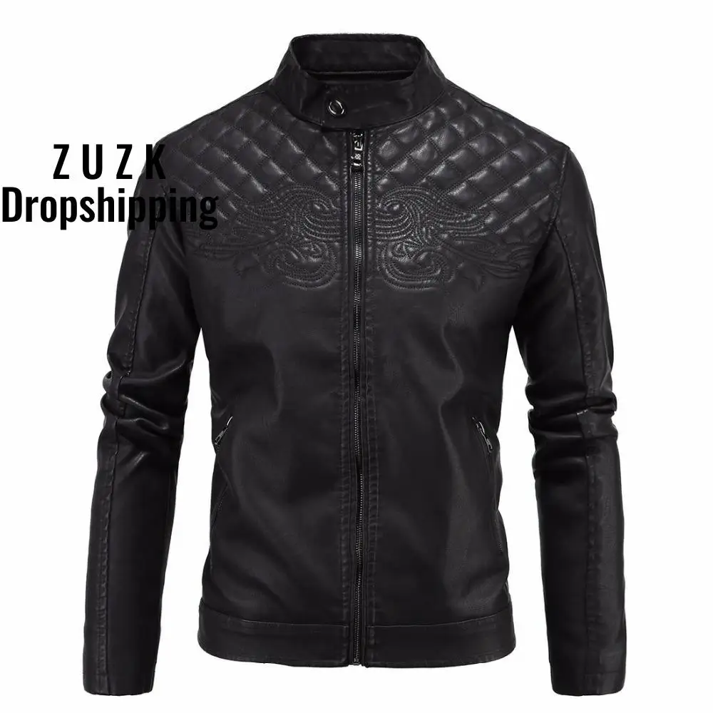 

Brand New Men's Casual Leather Jacket Stand Collar England engraved Design PU Jacket Men Plus velvet Winter leather jackets D036