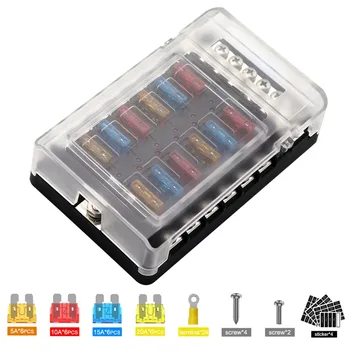 

12-way Car Automotive Blade Fuse Block ATC Fuse Holder Box Auto Replacement Parts With LED Indicator Light Transparent Cover
