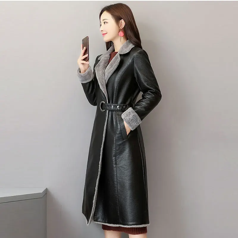 Зимняя кожаная куртка для женщин, тонкое меховое пальто, длинный осенний Тренч с капюшоном, пальто размера плюс, Толстые Куртки из искусственной кожи для женщин 85
