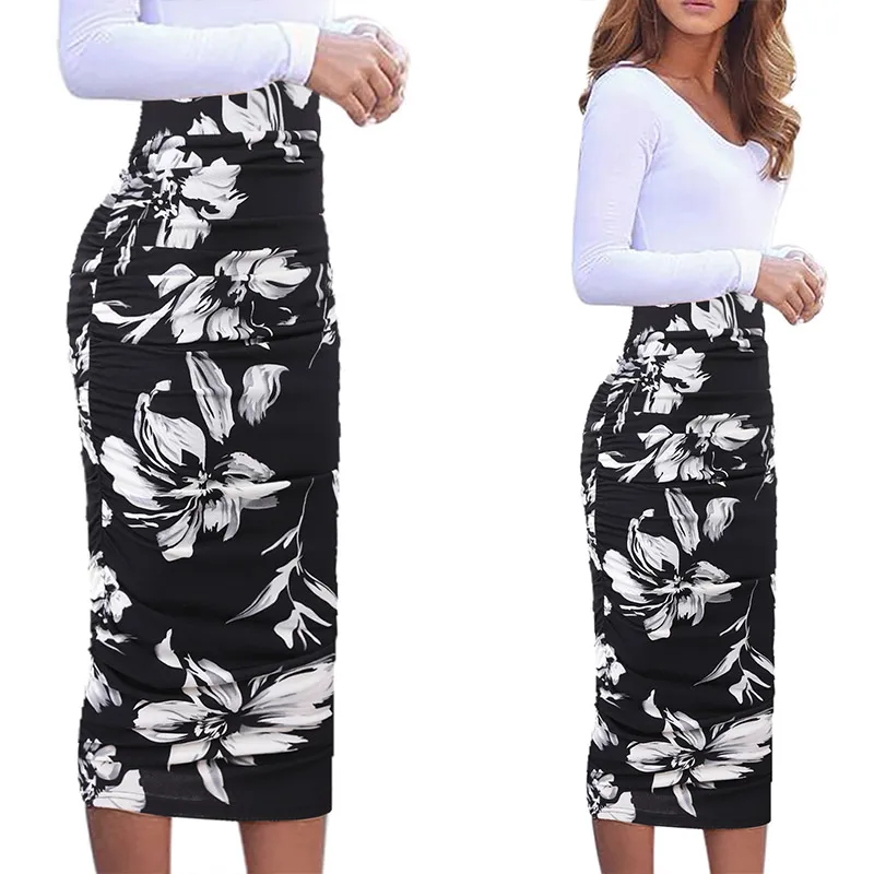 Black White Flower Vfemage женские элегантные с рюшами и оборками, высокая талия, деловые, повседневные, вечерние, Клубные, облегающие миди юбки до середины икры, 1023 - Цвет: Black White Flower