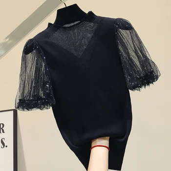 

Women Summer Tops Lace Short Sleeve Knitted T-shirt Slim Tops White Black T Shirt Female Top Lantern Sleeve Tshirt Tees Feminino