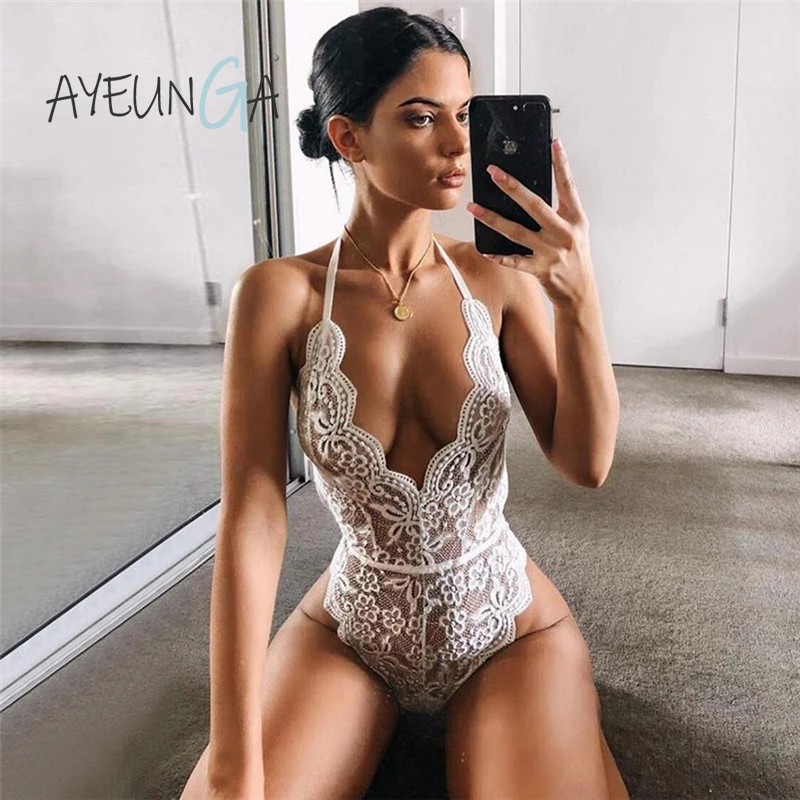 

Sexy Lace Jumpsuit Romper Women Deep V-Neck One piece Fashion Bodysuits Party Backless Onesies Halter Perspective Overalls