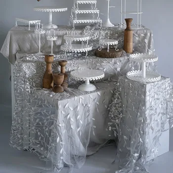 

Tobs Cake Stand Silver leave table cloth Embroidery Sequins background Curtain wedding tablecloth home decoration accessories
