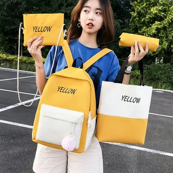 

4Pcs/Set Fashion Canvas Backpack Travel Rucksacks Casual Daypack Shoulder Bag Pencil Case for Teenager Girls School Bookbag Set