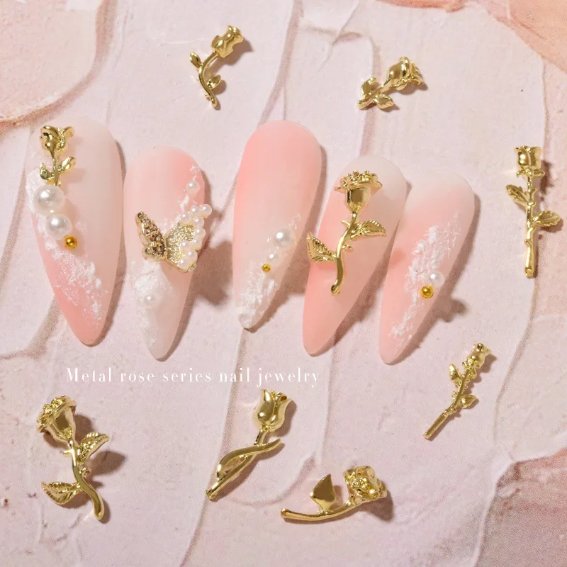 10Pcs 3D Rose Nail Art Ornament DIY Craft For Acrylic Nail Decoration Gold/Silver 7 Unique Shapes Flower DIY Charms Jewelry 3