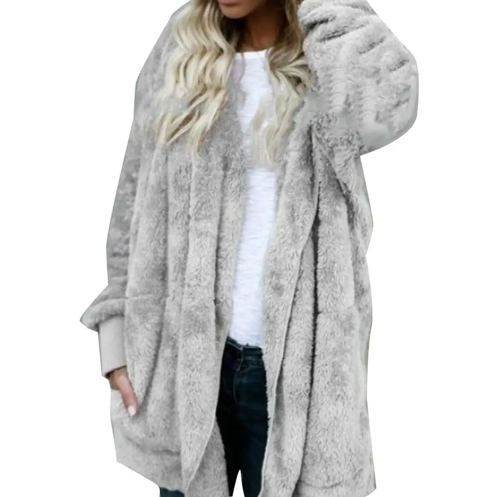 80% HOT SALES！！！Winter Casual Women Solid Color Thick Faux Fur Hooded Coat Long Sleeve Outwear