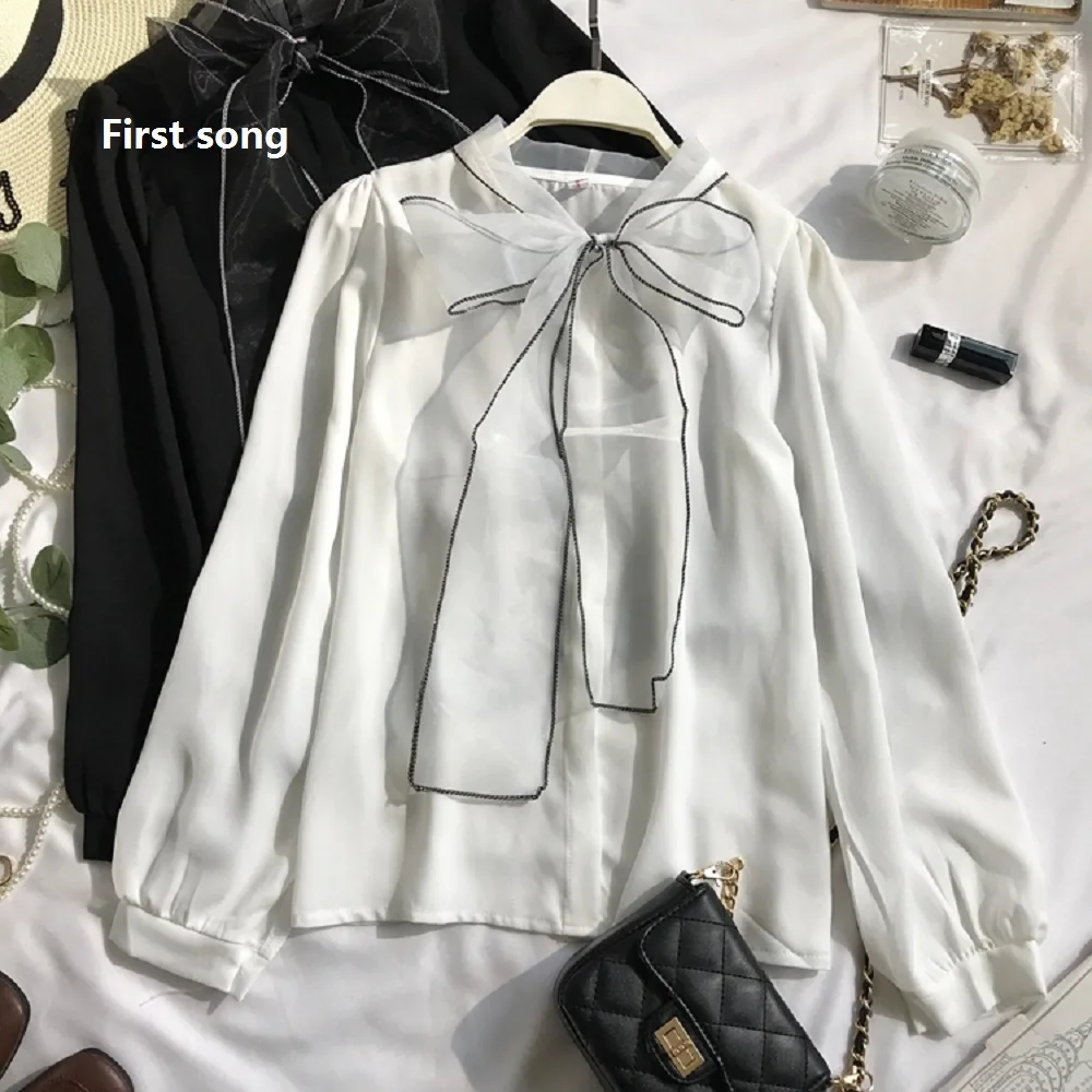 

First song Summer fashion long shirt ladies shirt 2019New long-sleeved tie bow chiffon turtleneck formal ladies white black shirt