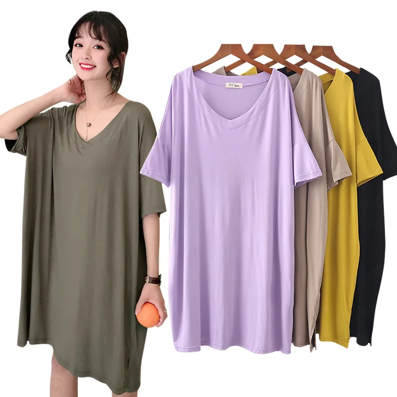 

Home Wear Women's 2019 Summer New Style Fat Mm Large Size Dress Modal Short Sleeve Pajamas Mid-length One Piece Nightgown