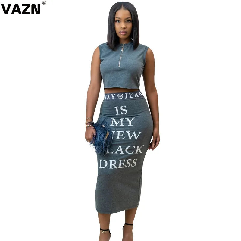 VAZN MNL035, Новое поступление, летний сексуальный женский серый цвет, длинный комплект, без рукавов, с круглым вырезом, повседневный шикарный комплект для девочек - Цвет: Серый